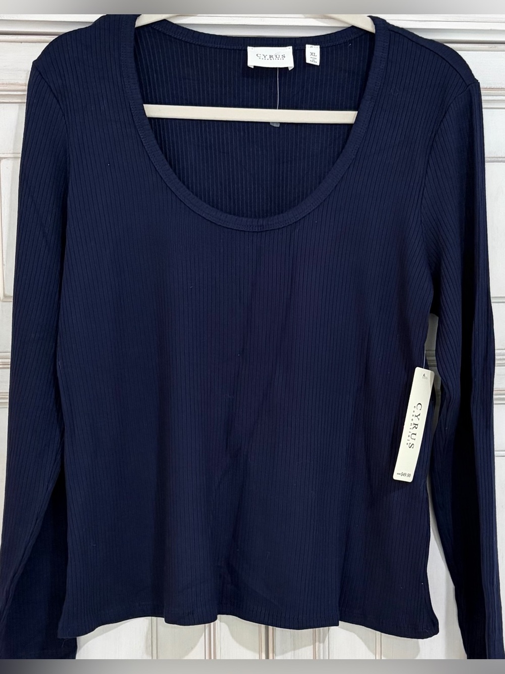 NWT SZ XL Cyrus Navy Ribbed Scoop Neck Long Sleeve Top